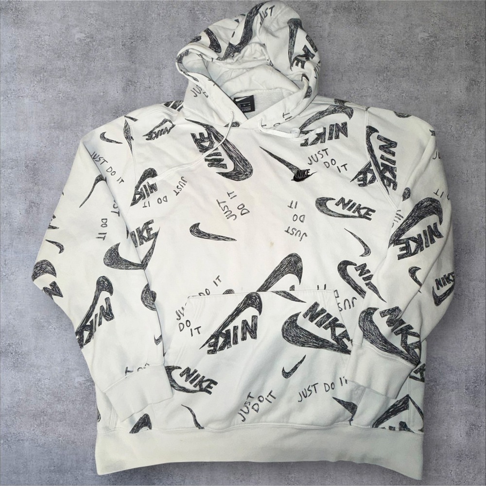 Nike Mens XL White Black Scribble Sketch Logo All Over Print Just Do It Hoodie
